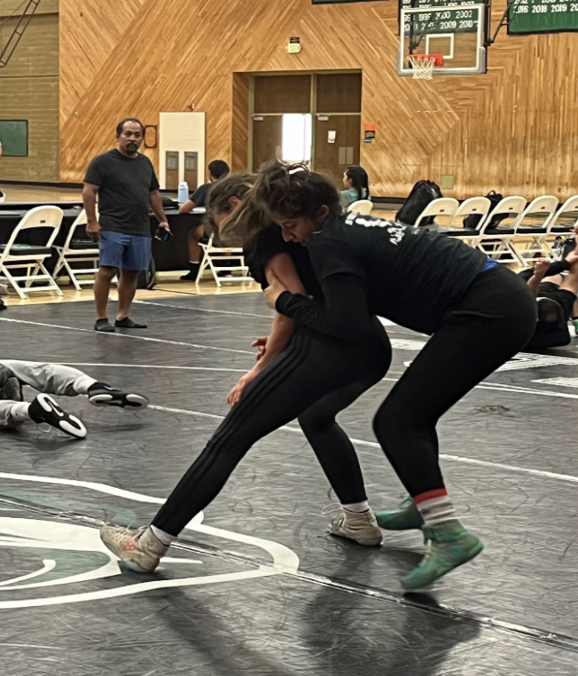 Cuesta women’s wrestling club team members Ayten Elbarbary (left) wrestling Aubree Kooren (right) at practice on Oct. 24, 2024. 